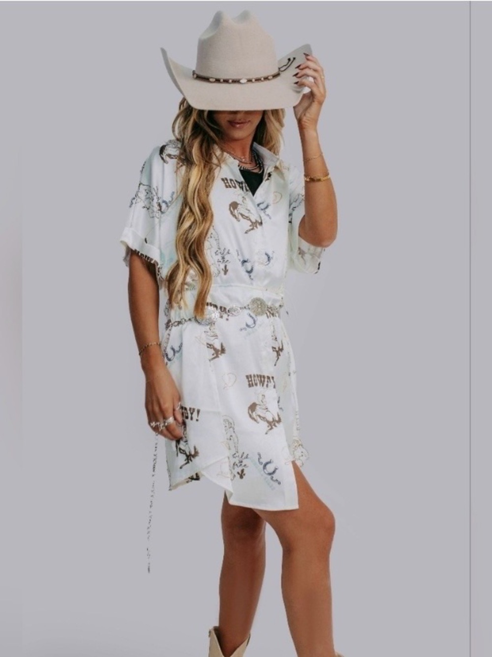 Merigold Kiss White Western-Print Satin Romper Dress